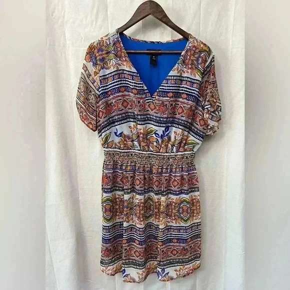 Enfocus Studio Dress Sz.14 gathered waist, bright, button sleeve, casual, office - Picture 1 of 7